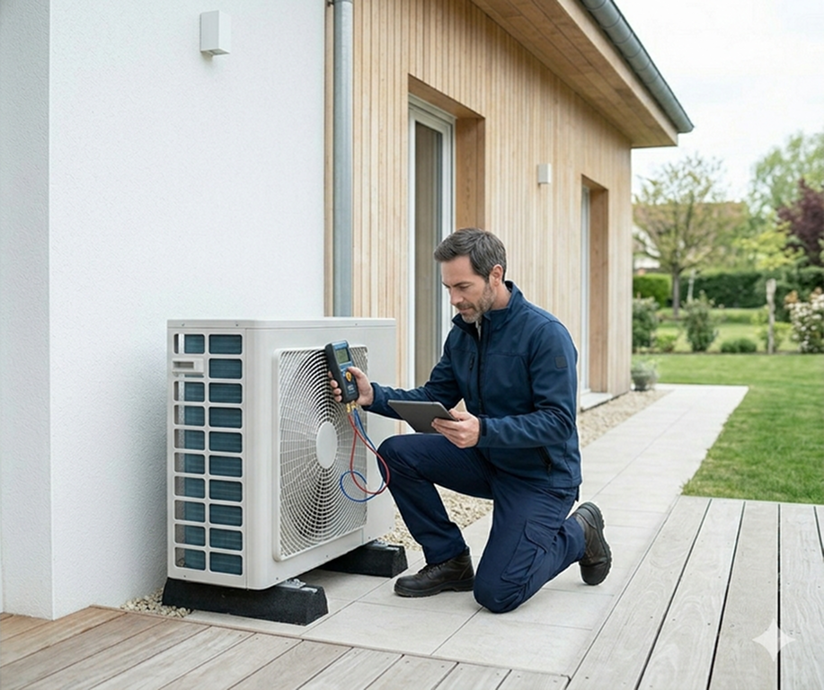 Un technicien intervient sur une climatisation exterieure devant une maison.